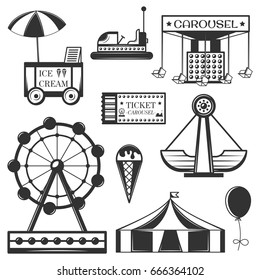 Vector set of amusement park labels and design elements in vintage style. Black and white amusement park symbols, logos, bages and design elements. Attractions, carousel, wheel, ice cream cart.