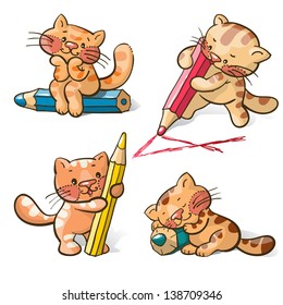 Vector set - amusing cartoon kittens  with pencils.