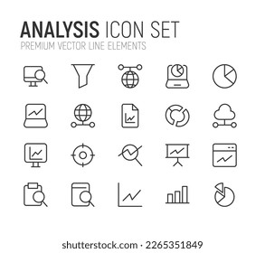 Vector set of analysis thin line icons. Design of 20 stroke pictograms. Signs of analysis isolated on a white background.