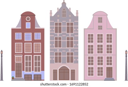 vector set with ancient houses and streeetlight. flat design