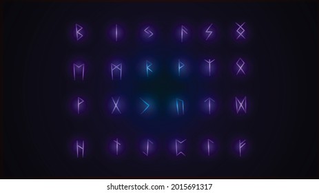 Vector set of ancient mystical symbols and tribal runes. Magic witch rituals if medieval culture. Glowing dark wizard alphabet. Celtic withcraft art