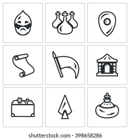 Vector Set of Ancient Russia Icons. Bogatyr, Church, Army, Banner, Palace, Monarch, Paper, Weapon, Wealth. Collection of architecture, people, culture, symbols on a white background