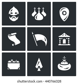 Vector Set of Ancient Russia Icons. Bogatyr, Church, Army, Banner, Palace, Monarch, Paper, Weapon, Wealth. 