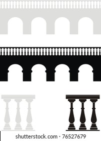 Vector set of ancient stone bridge black and gray silhouettes, balustrade - isolated illustration on white background