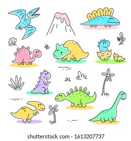 Vector set of ancient world illustration of cute color different dinosaur character and volcano on white background. Flat doddle line art style design of dinosaur for web, poster, banner, sticker