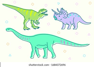 Vector set of ancient world illustration of cute color different dinosaur. Flat doddle line art style design of dinosaur for web, poster, banner, sticker.