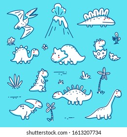 Vector set of ancient world monochromatic illustration of cute different dinosaur character and volcano on blue background. Flat doddle line art style design of dinosaur for web, poster, sticker