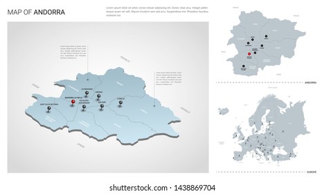 Vector set of Andorra country.  Isometric 3d map, Andorra map, Europe map - with region, state names and city names.
