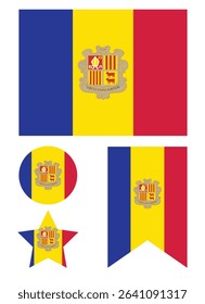 Vector set of Andorra flags. Andorra Country Flag. Circular Andorra National Flag.  EPS Vector Illustration.