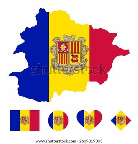 Vector set of Andorra high detailed map flag and national flag round badge isolated on white background.