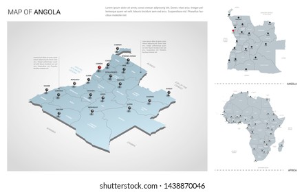 Vector set of Angola country.  Isometric 3d map, Angola map, Africa map - with region, state names and city names.