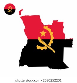 Vector set of Angola high detailed map flag and national flag round badge isolated on white background.