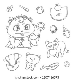 Vector set angry child and cat. Hygiene items, baby care and toys. Flat black color sketch contour illustration