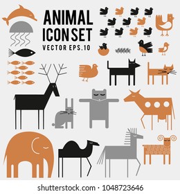 Vector set of animal, bird, fish icons. Cute illustrations isolated on a grey background.