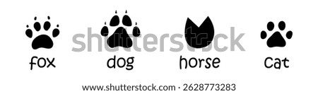 Vector set of animal footprints. Collection with fox, dog, horse and cat footsteps tracks. Paw trace in black silhouette. Animal feet collection.