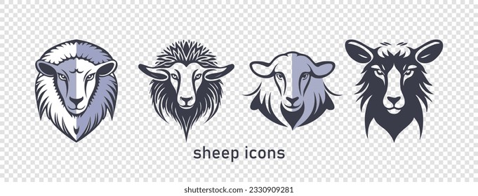 Vector set of animal heads icons. Sheep of different breeds. Domesticated farm animals. Isolated background.