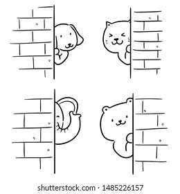 vector set of animal hiding behind wall cartoon
