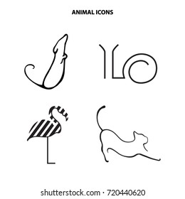Vector set of animal icons in black color. Mouse, snail, flamingo and cat