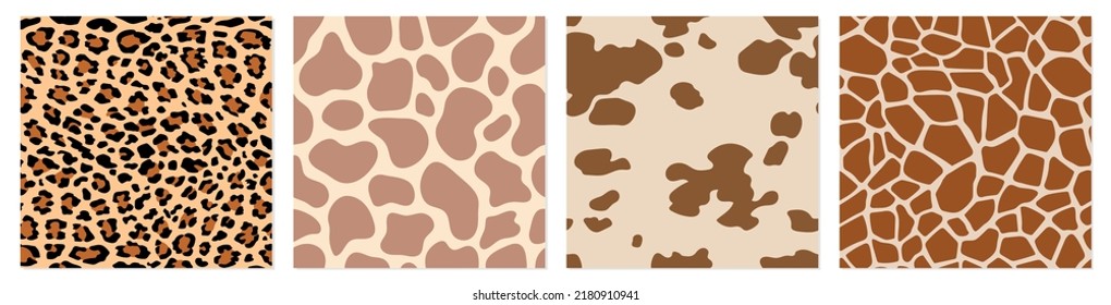 Vector set. Animal seamless patterns. Hand drawn texture for print, textile, fabric, packaging. Fashionable backgrounds. Leopard, giraffe, cow.