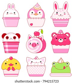 Conjunto vectorial de postres en forma de animal - helado, pastel, rollo. Vainilla, chocolate, limón, fresa. Con cara sonriente y mejillas rosadas. Pollo, panda, conejo, rana, oso, cerdo, gato. Para diseño dulce