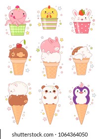 Vector set of animal shaped ice cream - vanilla, chocolate, strawberry. In kawaii style with smiling faces, pink cheeks and winking eyes. Cat, rabbit, bear, penguin, panda, octopus. For sweet design. 