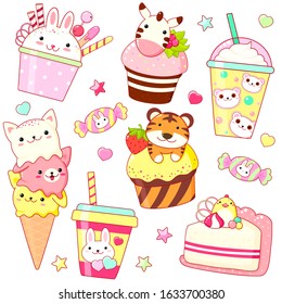 Vector set of animal shaped ice cream, dessert and cake - vanilla, chocolate, strawberry. Collection of cute stickers in kawaii style for sweet design. Isolated on white background. EPS8