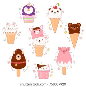 Conjunto vectorial de helado en forma de animal - vainilla, chocolate, fresa. Al estilo kawaii con caras sonrientes, mejillas rosas y ojos guiñados. Gato, conejo, oso, pingüino, perro, cerdo. Para el diseño dulce. EPS8