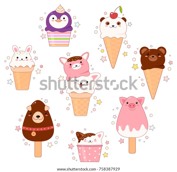 Vector set of animal shaped ice cream - vanilla,\
chocolate, strawberry. In kawaii style with smiling faces, pink\
cheeks and winking eyes. Cat, rabbit, bear, penguin, dog, pig. For\
sweet design. EPS8
