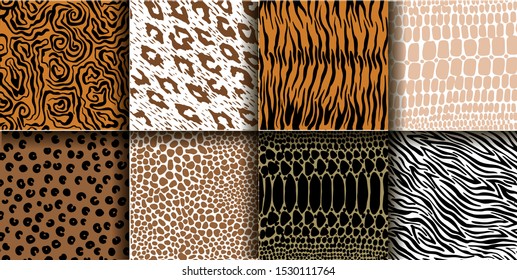 vector set of animal skin textures of tiger, zebra, giraffe, leopard and cow