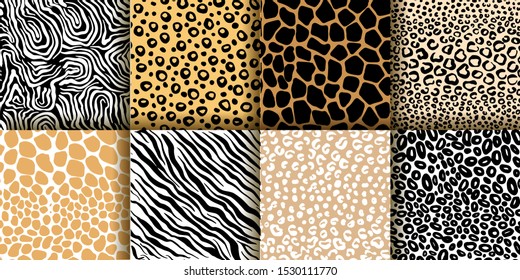 vector set of animal skin textures of tiger, zebra, giraffe, leopard and cow