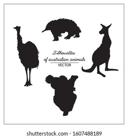 Vector set of animals Australia silhouettes. Kangaroo,emu, echidna, koala isolated on a white background hand-drawn. For the design of books,encyclopedias,design articles,children's books and magazine