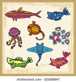 Vector set of animals in Australian aboriginal style.