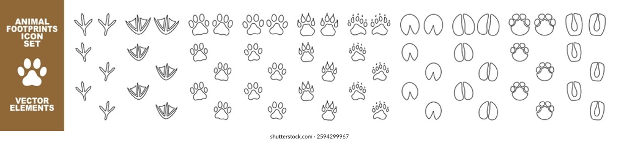  Vector set of animals and birds footprints and tracks isolated on transparent. Collection of silhouetted footprints of wild animals