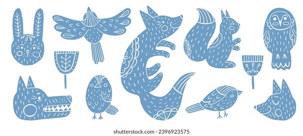 Vector set of animals and birds in Scandinavian style. Blue silhouettes of forest animals with Scandi ornaments.