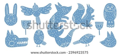 Vector set of animals and birds in Scandinavian style. Blue silhouettes of forest animals with Scandi ornaments.