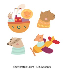 Vector set of animals in the boat and helicopter. Fox, bear, lion, hare, badger. Fun adventures. Cartoon doodle animals