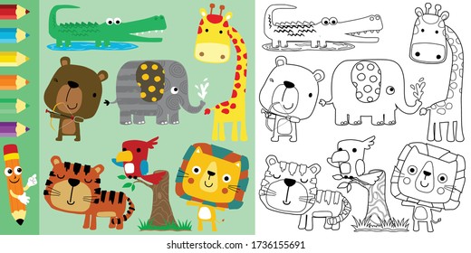 Vector set of animals cartoon, coloring book or page