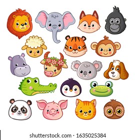 Vector set with animals in cartoon style on a white background. Pets and African animals. Wildlife and mammals collection.