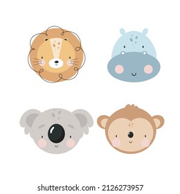 Vector set with Animals in cartoon style. Lion, Hippopotamus, Koala, Monkey. Good for party invitations, birthday cards, stickers, prints etc.