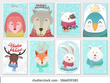 vector set of animals christmas time cartoon illustration greeting cards template. backgrounds big collection set with deer, rabbit, deer, cat, and snowflakes and xmas elements.