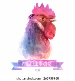 Vector set of animals. Cock hand painted watercolor illustration isolated on white background