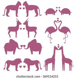 Vector set of animals couple with heart including giraffe, turtle, elephant, lion, leopard, flamingo, gazelle, silhouette