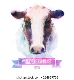 Vector set of animals. Cow hand painted watercolor illustration isolated on white background