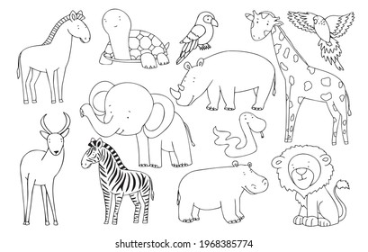 Vector set of animals in doodle style. Elephant, giraffe, rhino, turtle, parrot, lion, zebra, horse, hippo, doodle style.