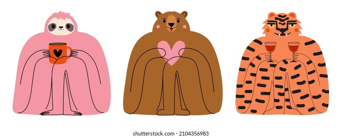 Vector set with animals and drinks. Bear holding heart, tiger with wine or cocktails and pink sloth with red cup of tea or coffee. Trendy print design collection