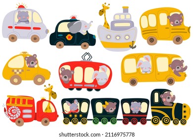 Vector Set Of Animals Driving In Transport. Train, Police Car, Cab, Bus, Fire Truck, School Bus In Cartoon Style.  For Print, Web Design.