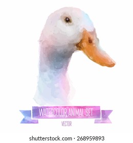 Vector set of animals. Duck hand painted watercolor illustration isolated on white background