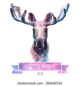 Vector set of animals. Elk hand painted watercolor illustration isolated on white background