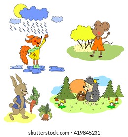 Vector set of animals, a fantastic children's illustration, characters - mouse, rabbit, squirrel, hedgehog. Rain, sun, forest.