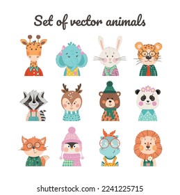 Vector set of animals in a flat style. Giraffe, elephant, raccoon, bear, panda, hare, lion, cheetah, hippo, fox, elephant, deer in flat style. Illustrations of baby animals
